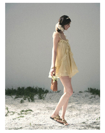“Tenderly Entwined” Soft Butter Yellow Ruffle Babydoll Dress 4563543