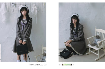 "Showa Era" Layered Uniform Collection (Collarless Blazer / Sailor Blouse / Uniform Skirt / Polka Dot Scarf)