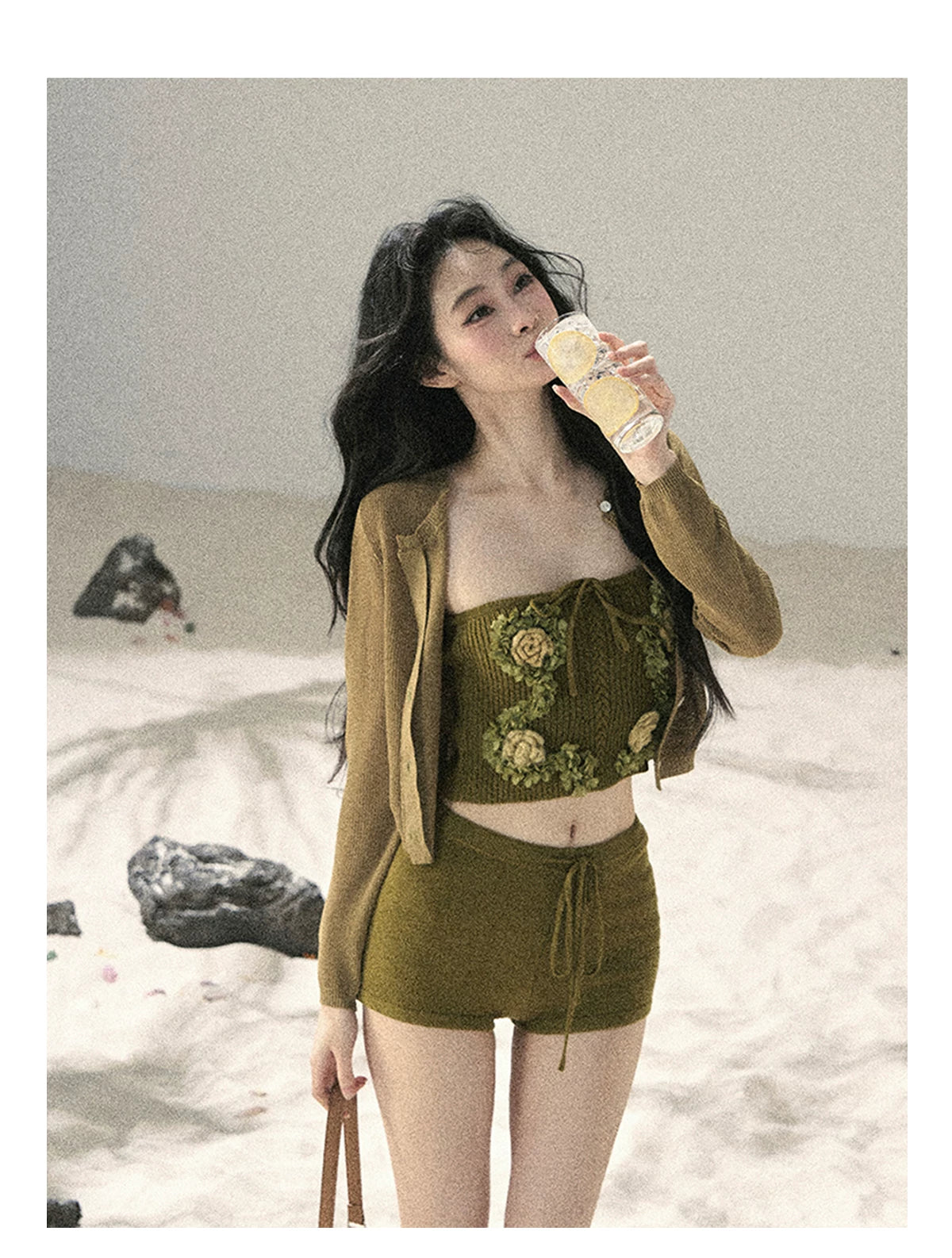 "Forest After Rain" Misty Meadow Haze 3-Piece Cardigan & Shorts Set 45236485