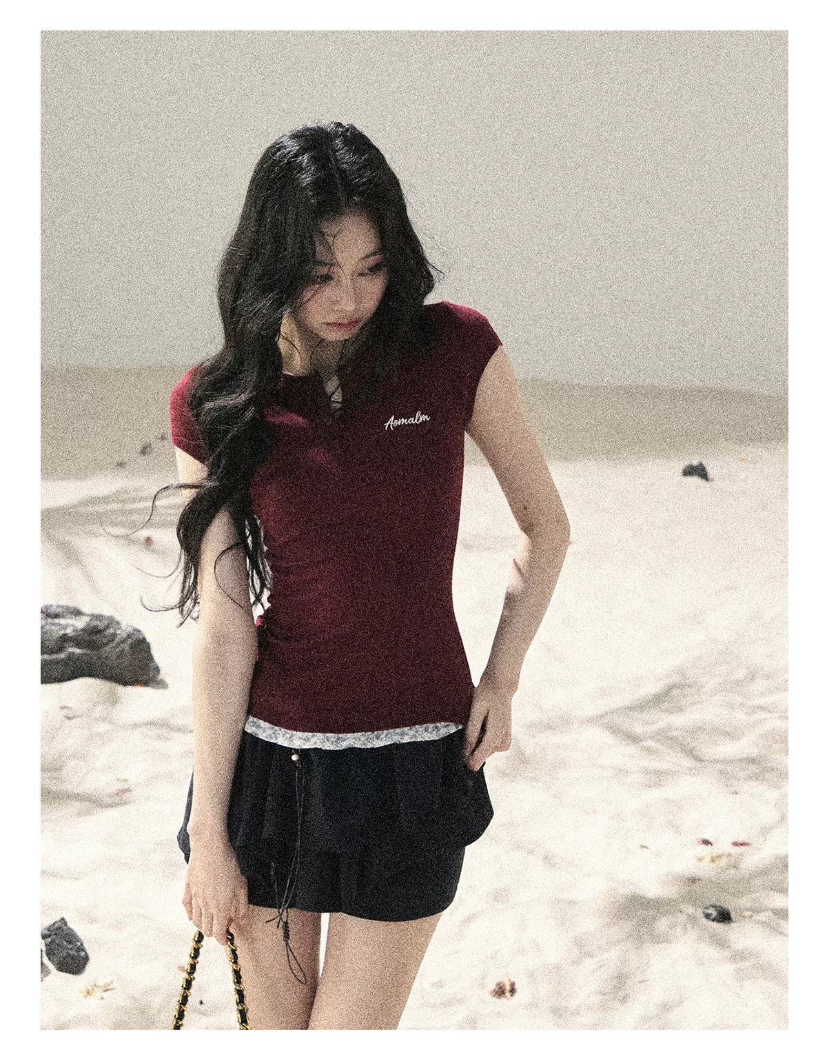 "Letter from the Tides" Burgundy Red Faux Two-Piece Lace Waist-Fit Crop Top 452436