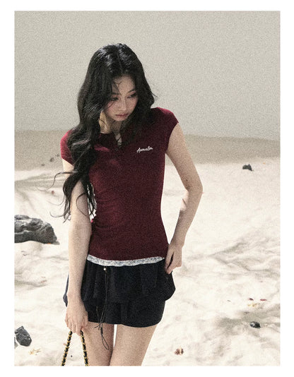 "Letter from the Tides" Burgundy Red Faux Two-Piece Lace Waist-Fit Crop Top 452436