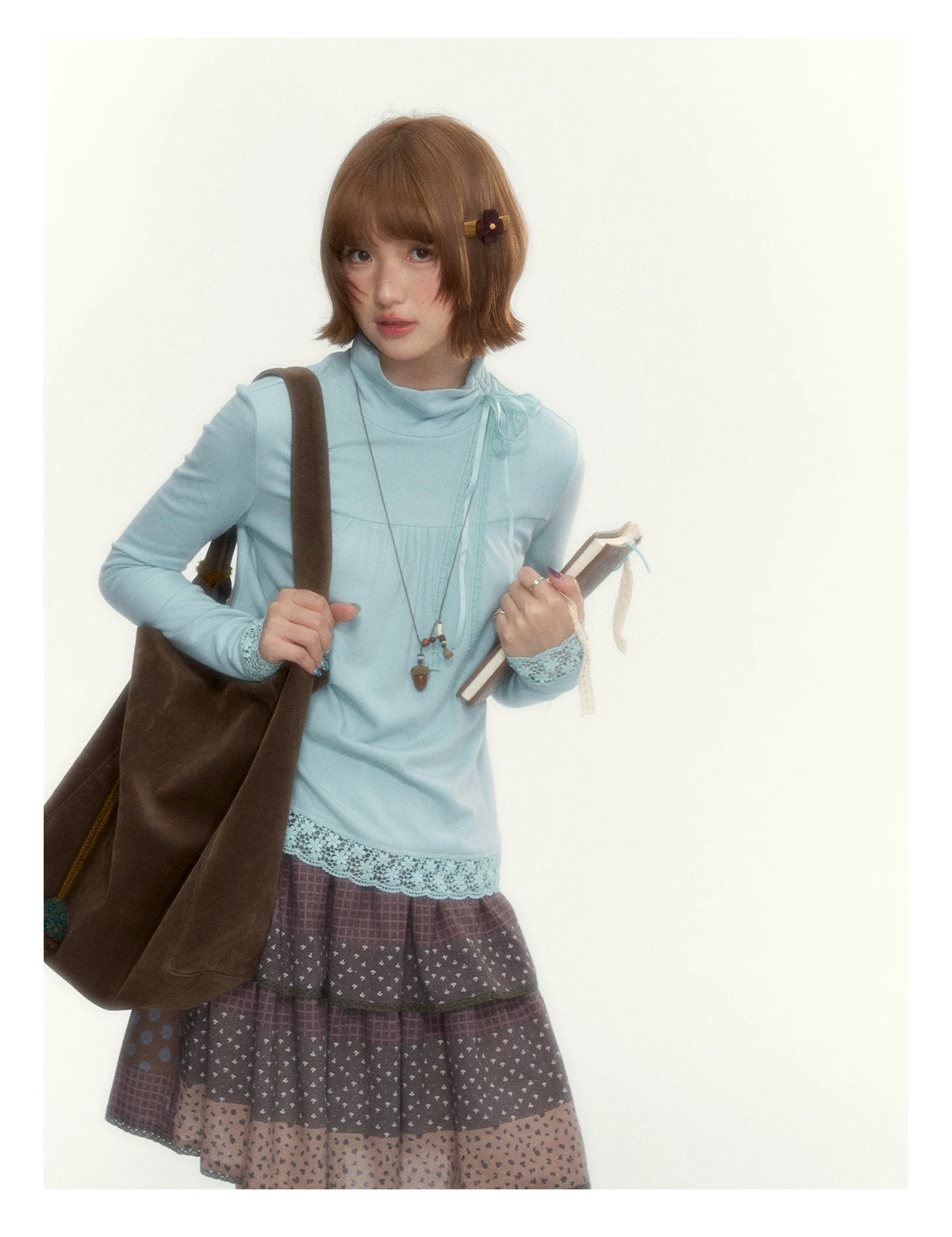 “Mint Milk Pudding” Mint Blue Lace-Trimmed Mock Neck Knit Top