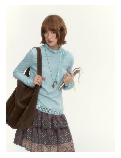 “Mint Milk Pudding” Mint Blue Lace-Trimmed Mock Neck Knit Top
