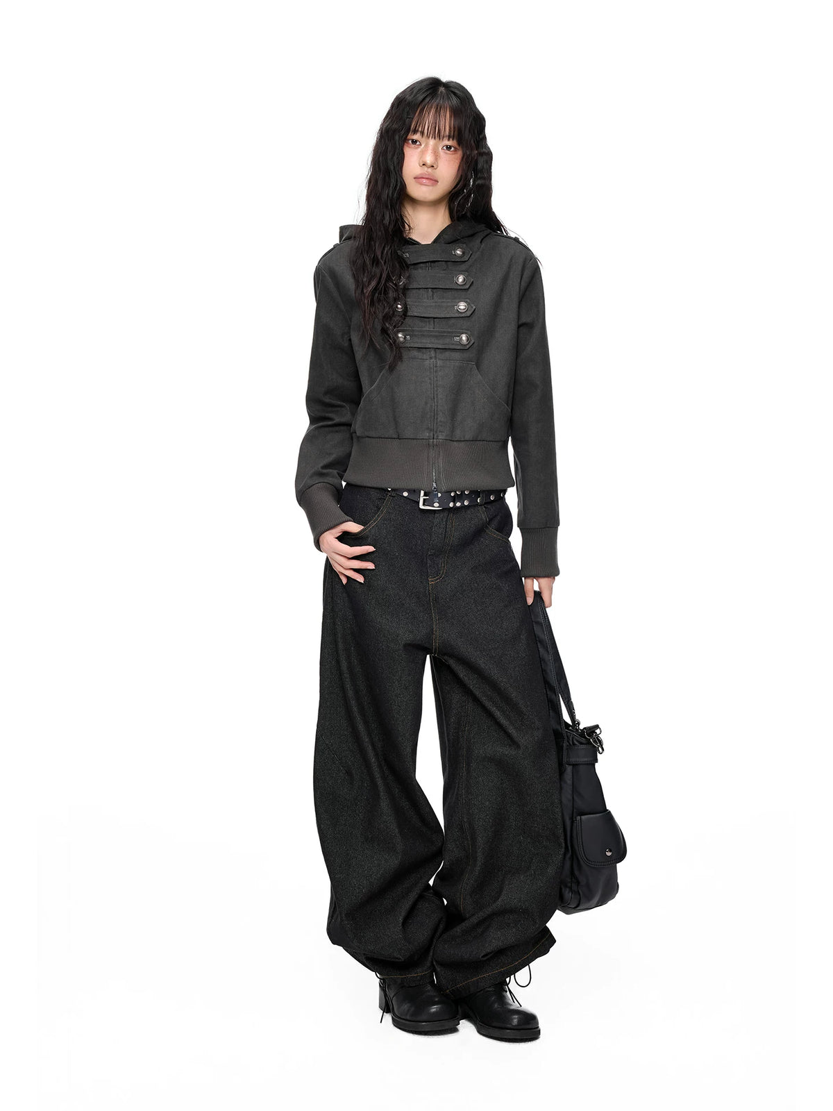 EZEK | Cropped Hooded Sweatshirt Jacket with Double Metal Snap Closure (Black / Gray)