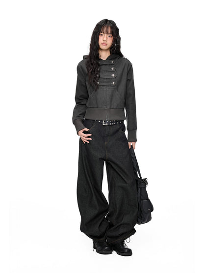 EZEK | Cropped Hooded Sweatshirt Jacket with Double Metal Snap Closure (Black / Gray)