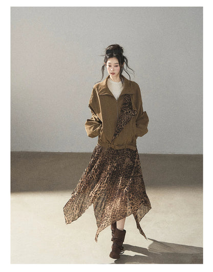 AOMALM - “Cocoa Leopard” Pleated Asymmetric Midi Skirt