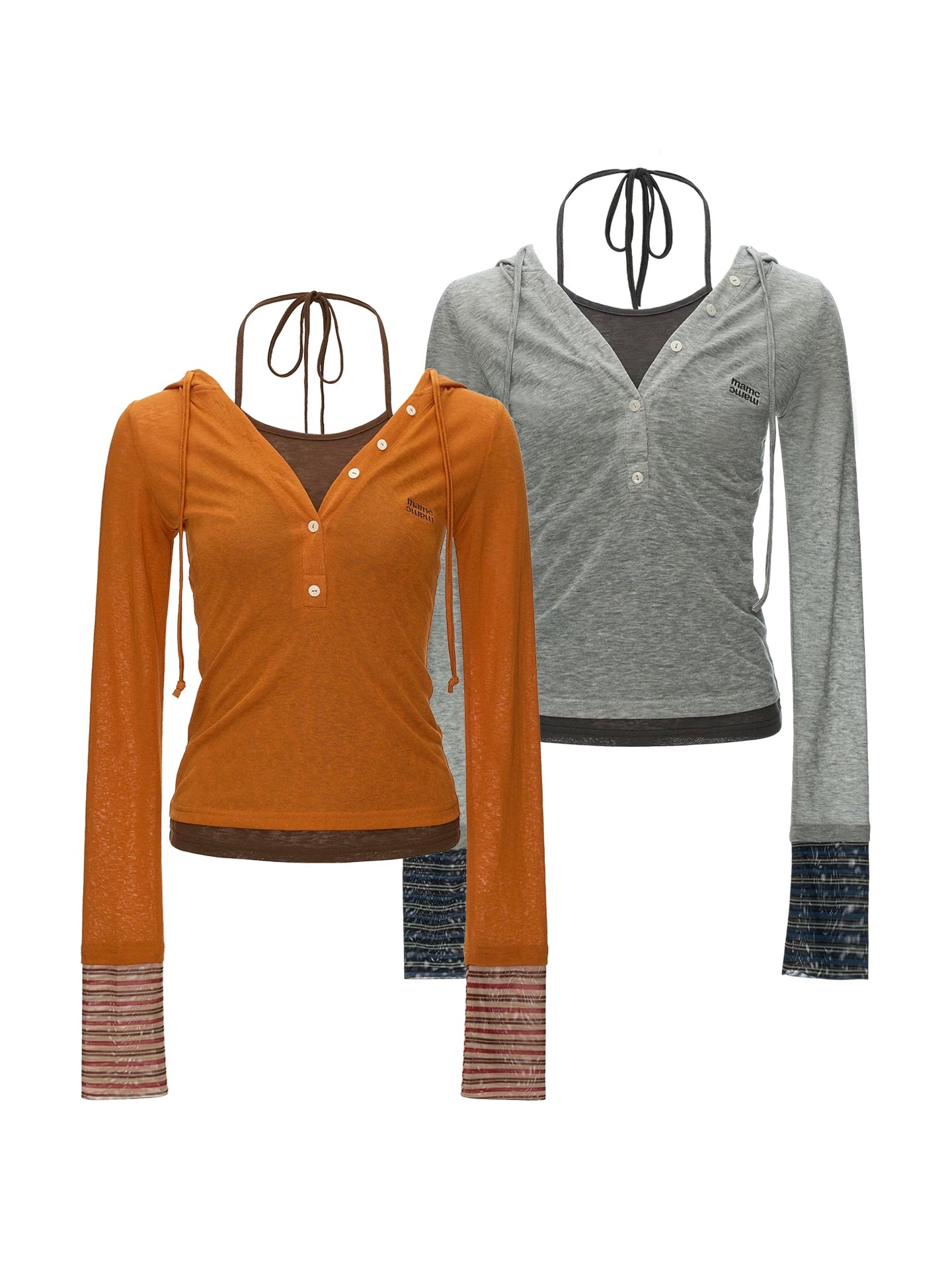 Layered Hooded Henley Long Sleeve Top (Grey/ Orange)