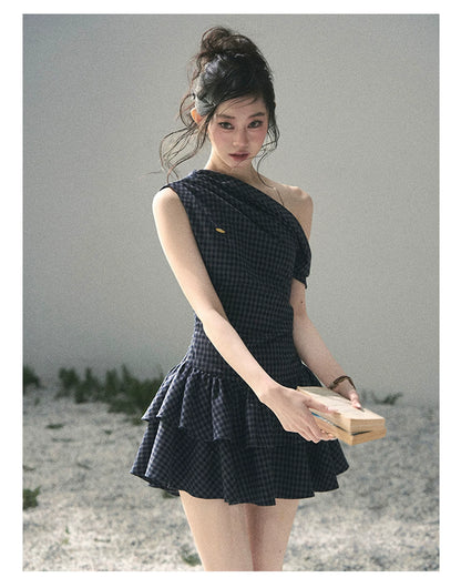 "Moonlit Bellflower Reverie" Navy Plaid One-Shoulder Mini Dress 567474