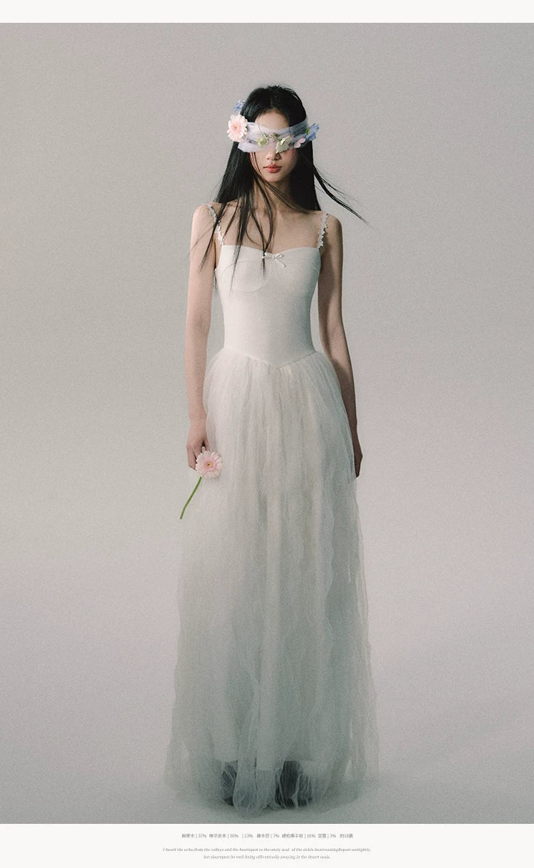 OAKMOO/ "Flowers in a Dream" Gardenia White Embroidered Mesh Maxi Dress