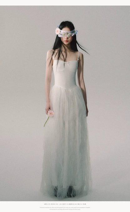 OAKMOO/ "Flowers in a Dream" Gardenia White Embroidered Mesh Maxi Dress