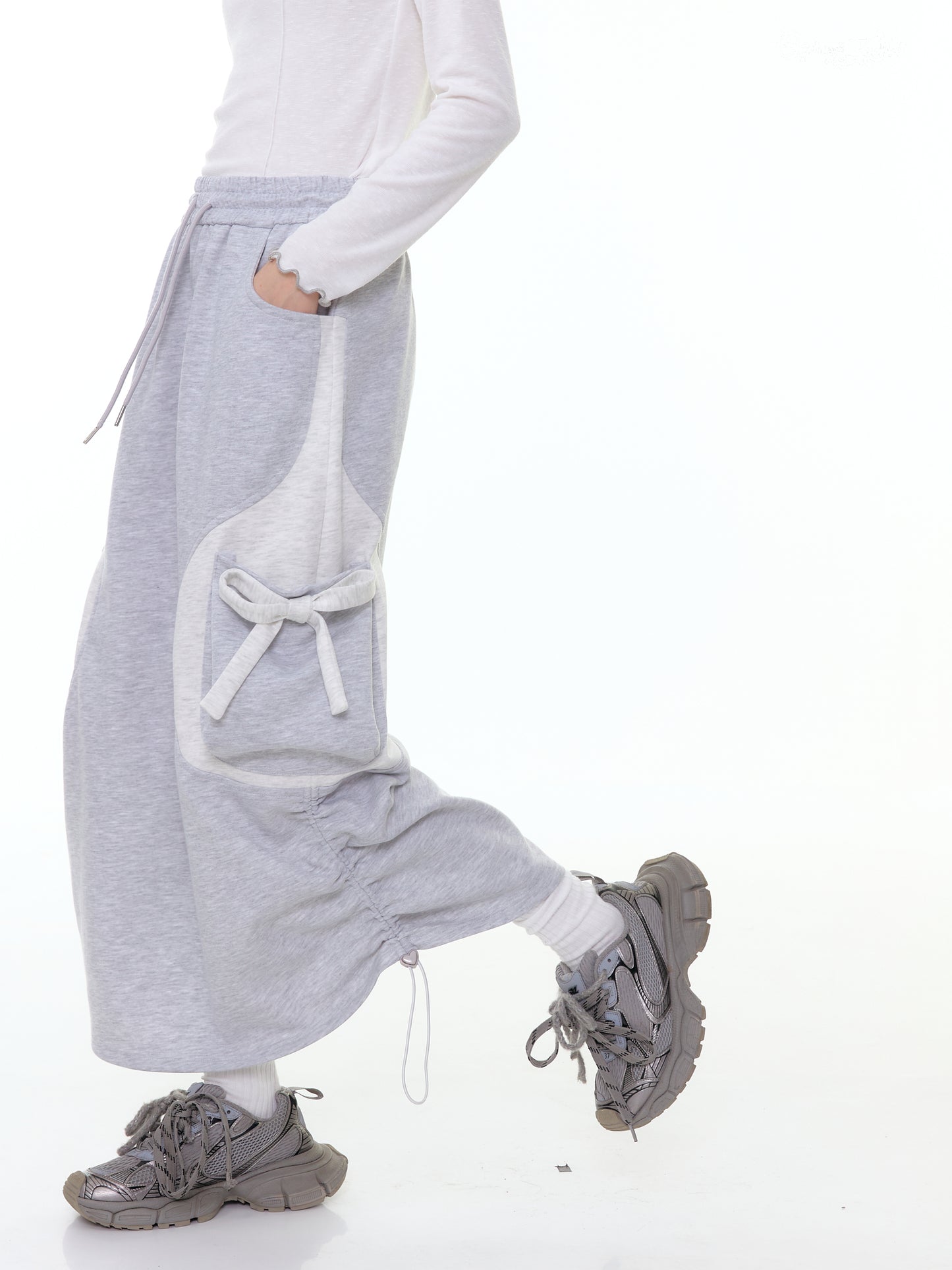 ZiziFei - Adjustable Drawstring Hem Midi Skirt – Light Grey with Bow Detail