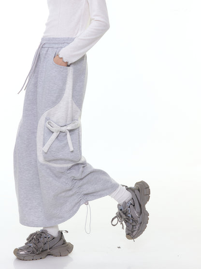 ZiziFei - Adjustable Drawstring Hem Midi Skirt – Light Grey with Bow Detail