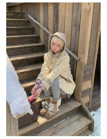 RF - Cream Yellow Hooded Wool-Blend Coat with Polka Dot Pockets
