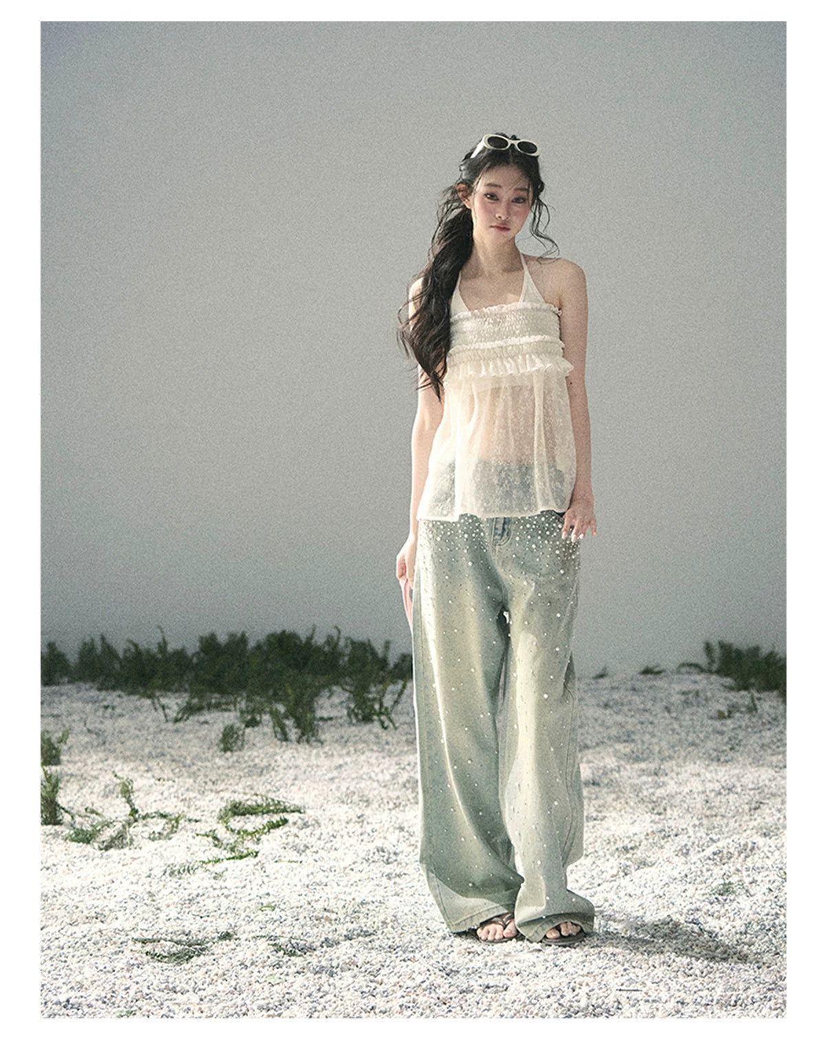 “Shattered Glasslight Veil” Cream Lace Halter Twinset Top