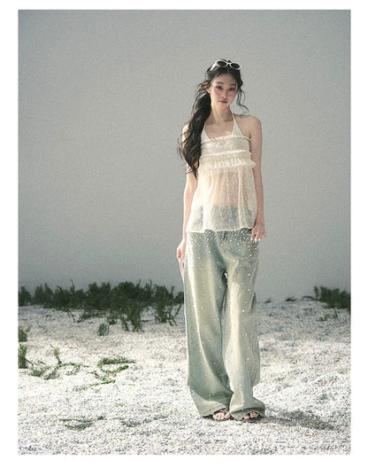 “Shattered Glasslight Veil” Cream Lace Halter Twinset Top