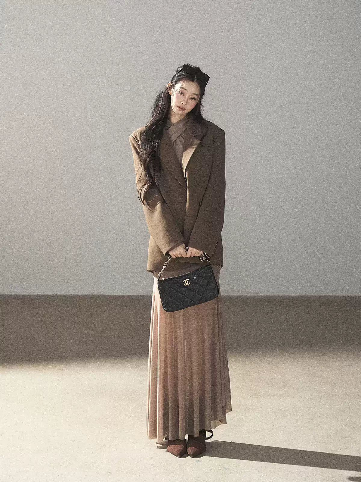 AOMALM - Milk Tea Ruched Mesh Mermaid Maxi Dress