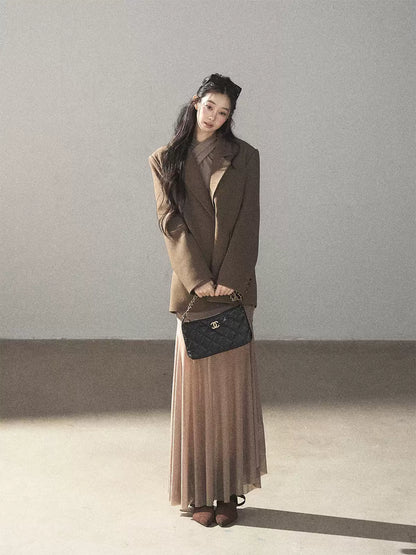 AOMALM - Milk Tea Ruched Mesh Mermaid Maxi Dress