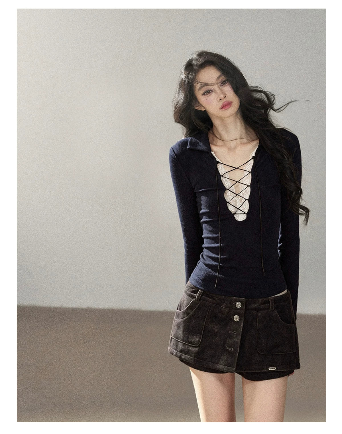AOMALM - "Soft Interlude" Navy Blue Korean Lace Knit Cropped Top with Tie