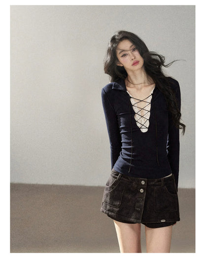 AOMALM - "Soft Interlude" Navy Blue Korean Lace Knit Cropped Top with Tie