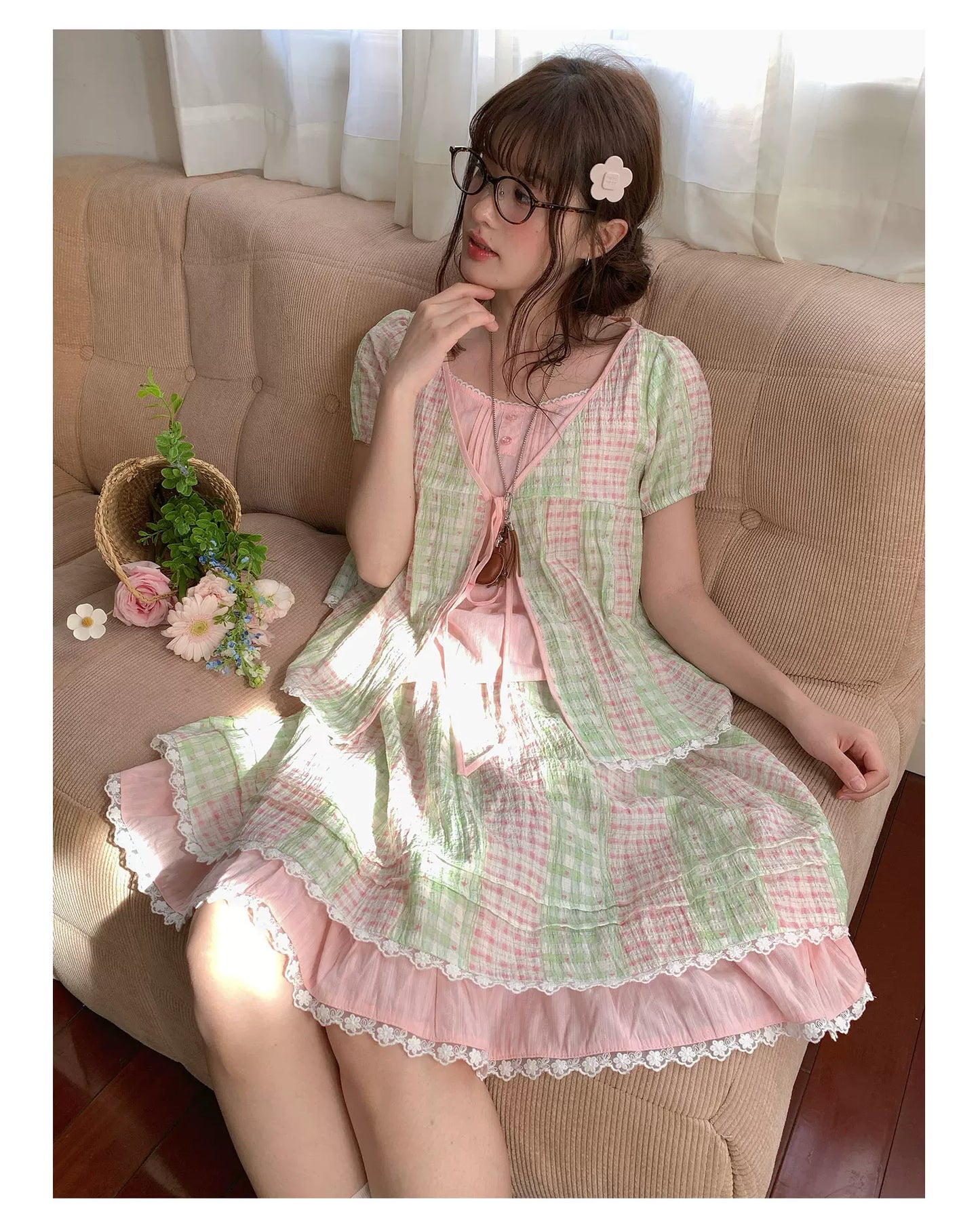 [RF] “Green Grape Picnic” Pastel Plaid Two-Piece Skirt Set