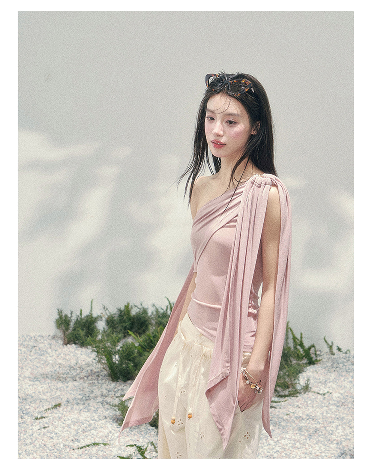 “Sunset Coral” Asymmetrical Ribbon Sleeve Crop Top