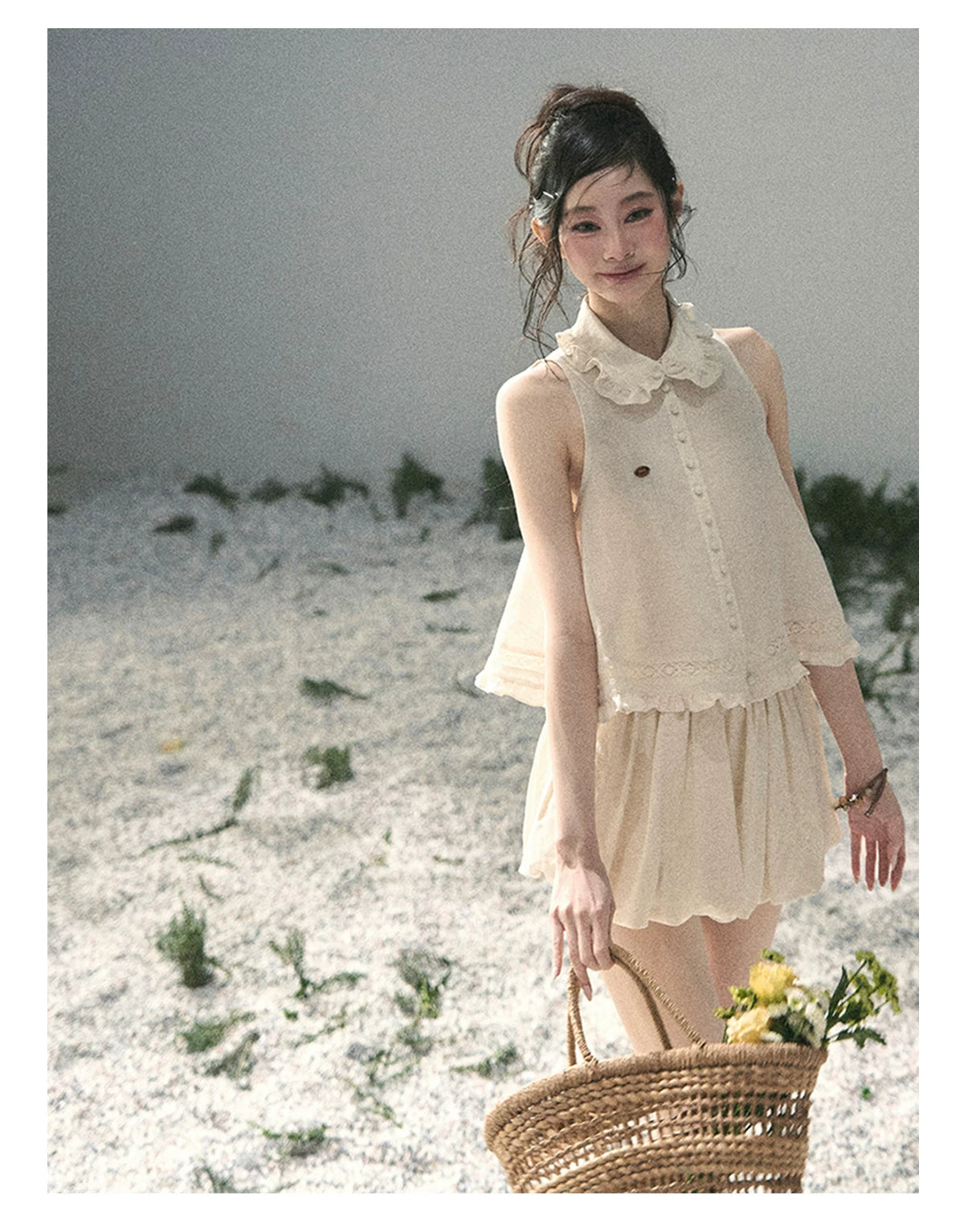 "Soft Cloud Reverie" Dutch Cream Lace Top & Bubble Skirt & Wide-Leg Pants Set 5468465