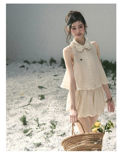 "Soft Cloud Reverie" Dutch Cream Lace Top & Bubble Skirt & Wide-Leg Pants Set 5468465