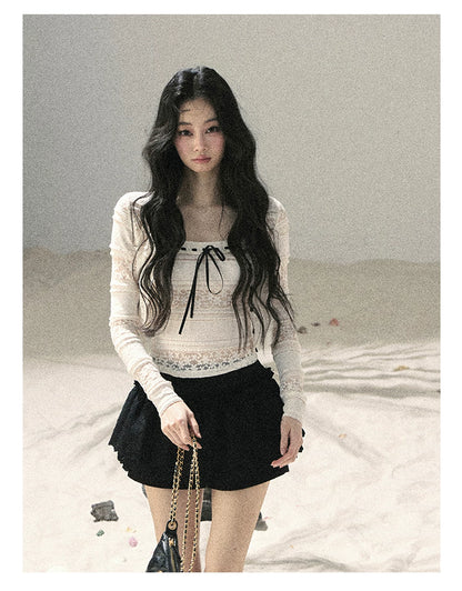 "Summer Shimmer Reverie" Creamy Oat White Lace Cutout Cardigan & Camisole Set 5864536513