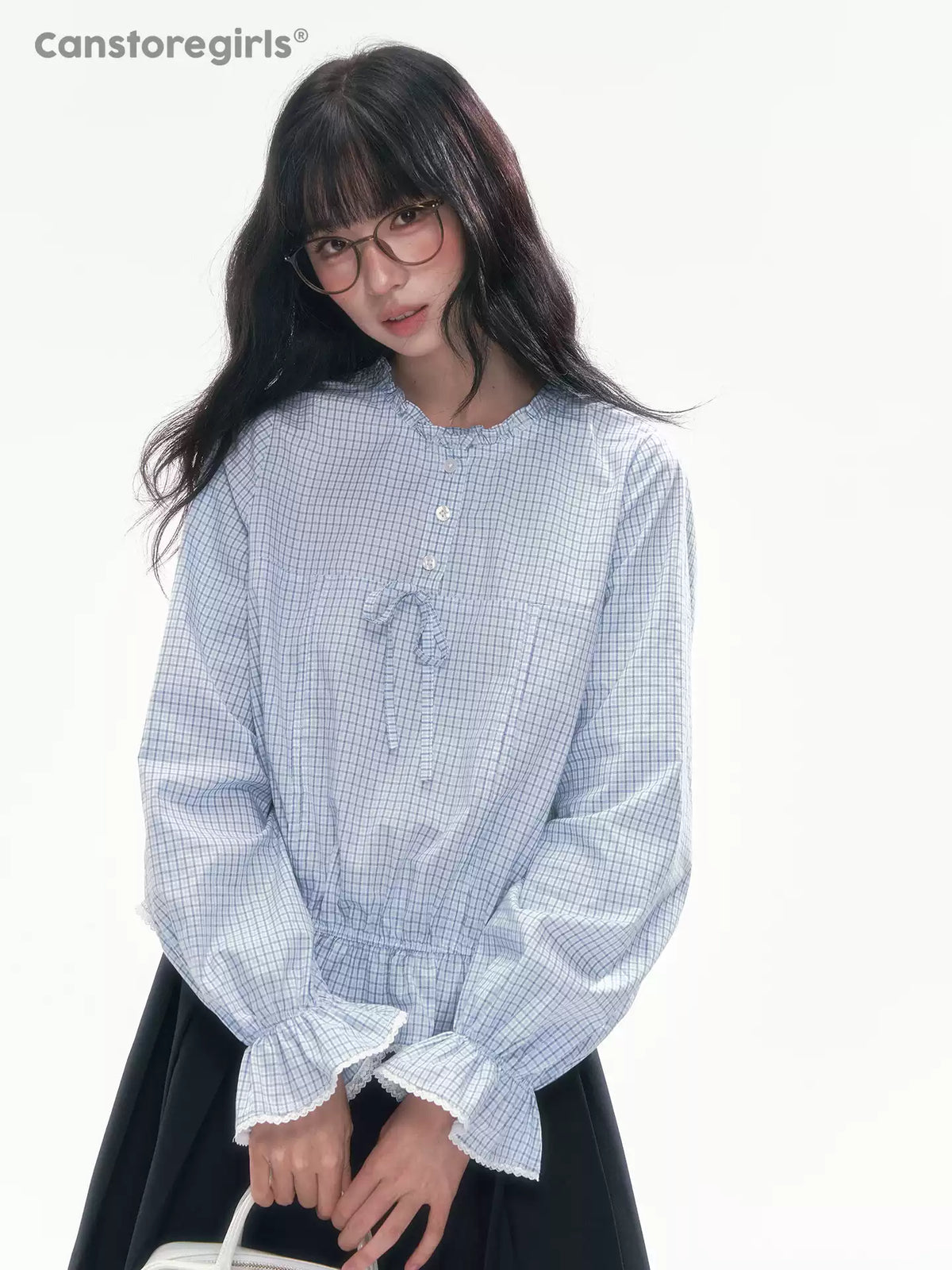 [CAN] Blue Plaid Lace-Trim Bow Tie Blouse