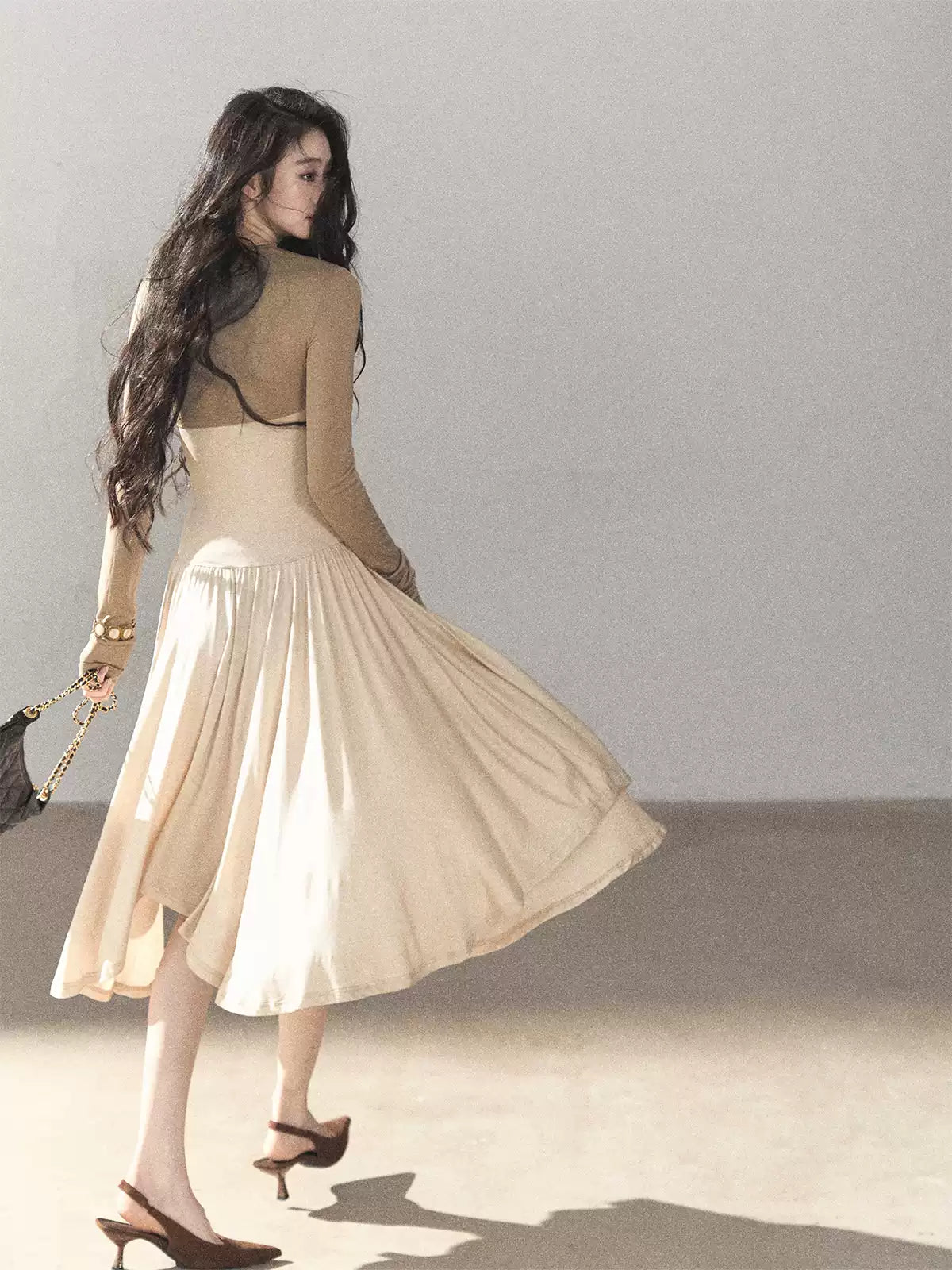 AOMALM - Light Sand Faux Two-Piece Midi Dress with Draped Shawl