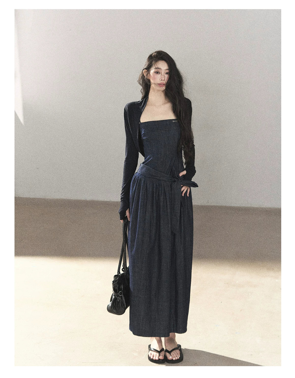 AOMALM - Navy Denim Long Dress with Matching Cardigan & Side Slit