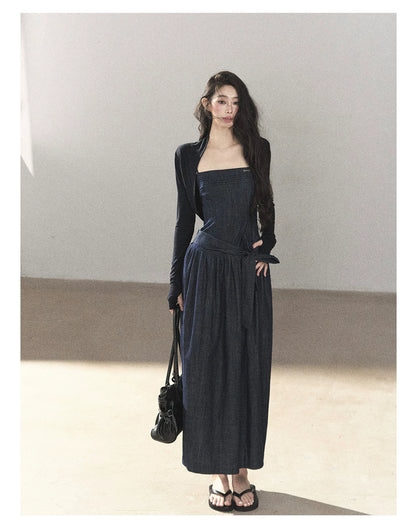 AOMALM - Navy Denim Long Dress with Matching Cardigan & Side Slit