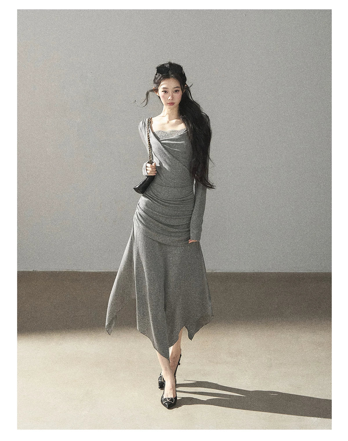 AOMALM - "Still River Cove" Cloud Mist Gray French-Inspired Lace Maxi Dress