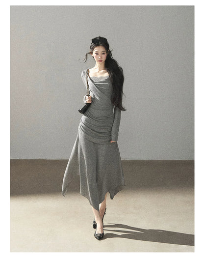 AOMALM - "Still River Cove" Cloud Mist Gray French-Inspired Lace Maxi Dress