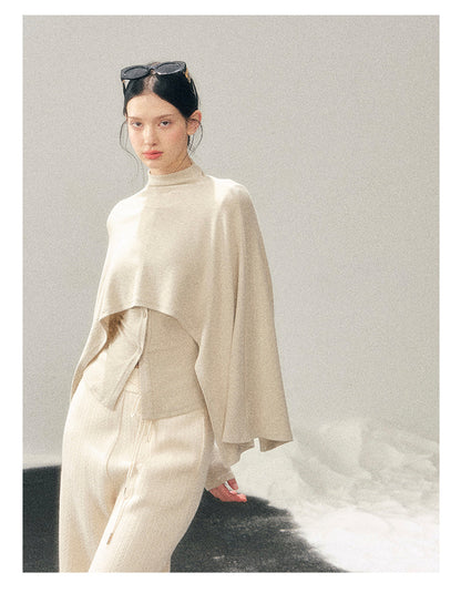 少也眼 "Moss Whisper" Ivory Two-Tone Shawl T-Shirt Two-Piece Set