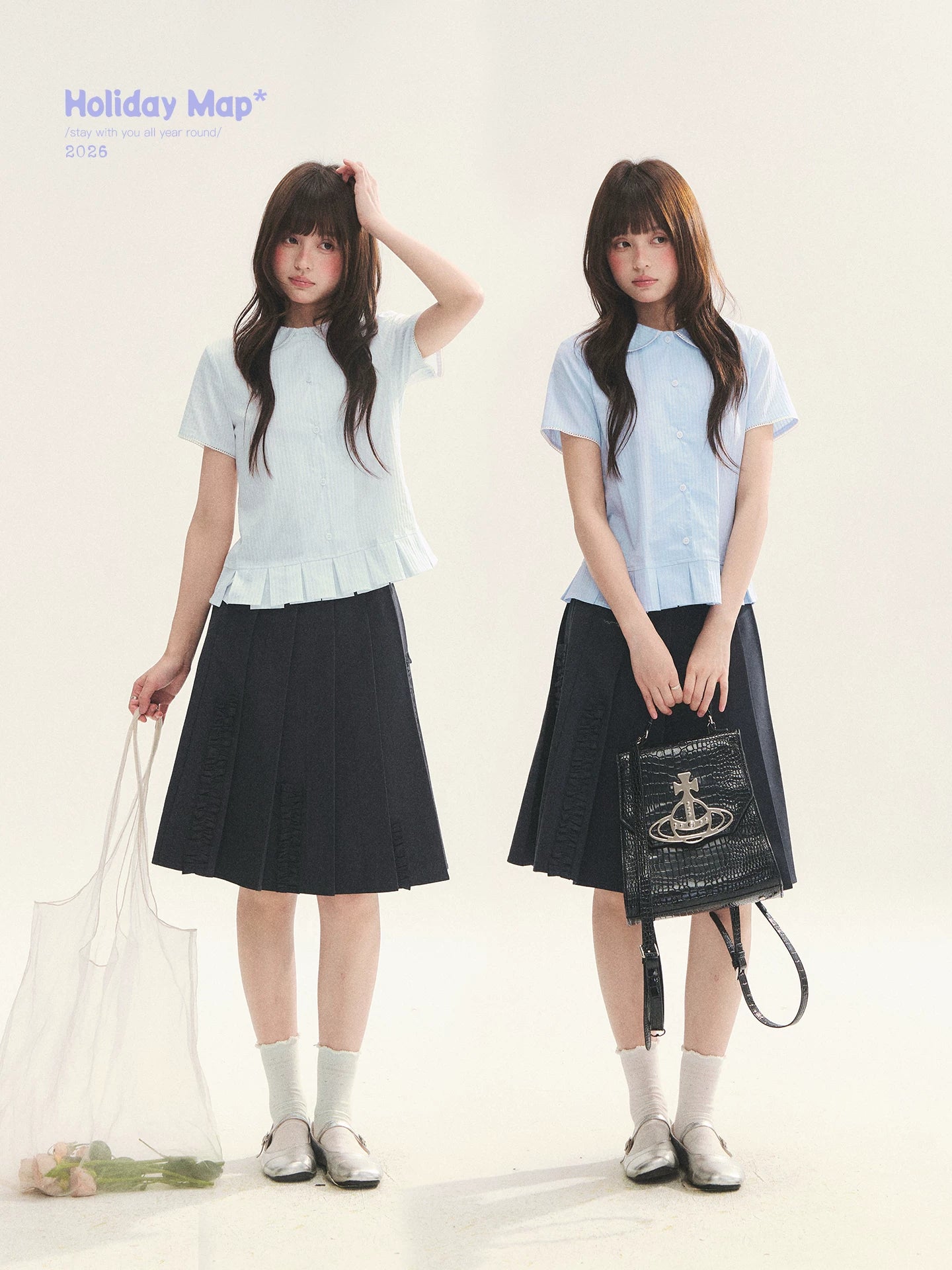 "Citrus Sea Salt" Stripe Lace Peter Pan Collar Pleated Shirt (White Blue / Blue White)