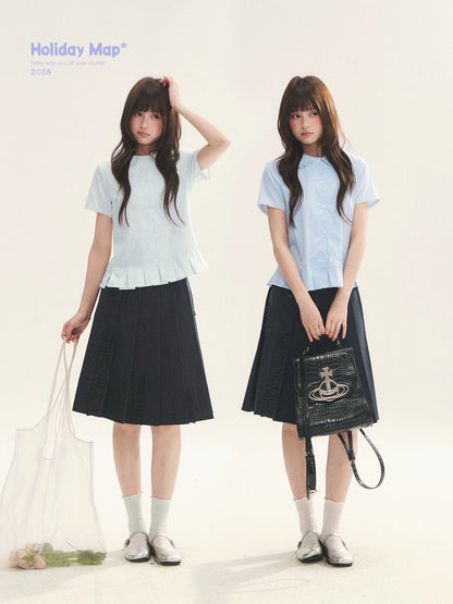 "Citrus Sea Salt" Stripe Lace Peter Pan Collar Pleated Shirt (White Blue / Blue White)