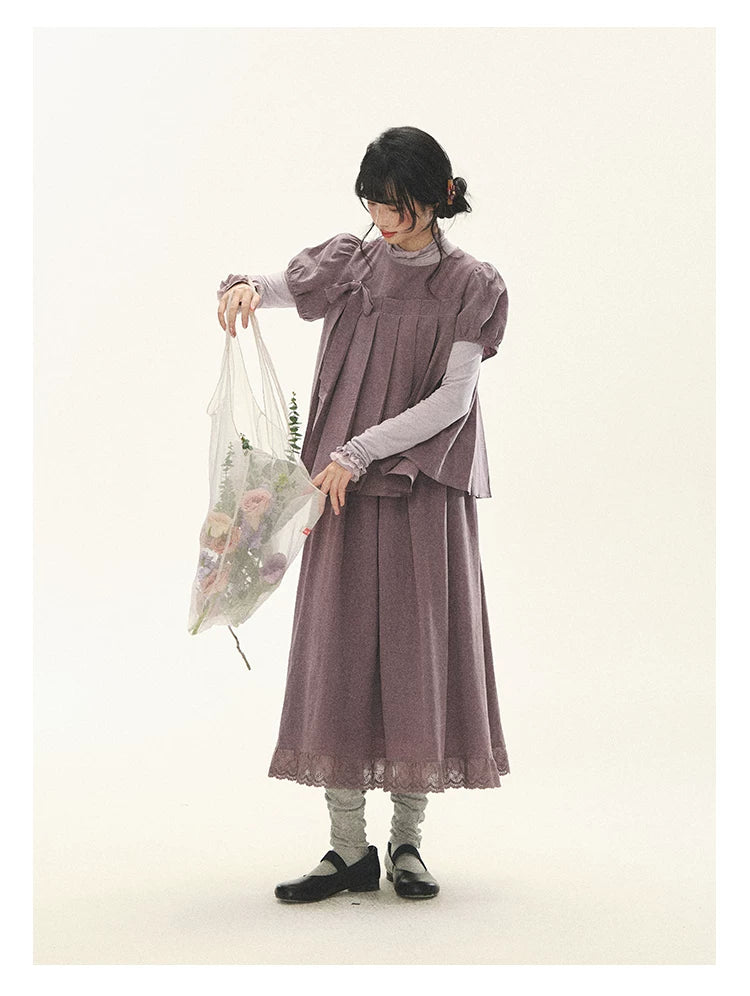 "Whispers Between Pleats" Gray Grape Purple Pleated Top & Maxi Skirt Set