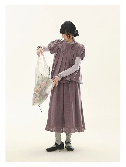 "Whispers Between Pleats" Gray Grape Purple Pleated Top & Maxi Skirt Set