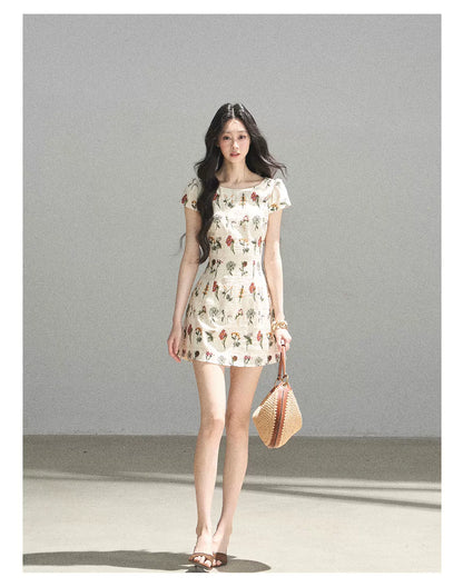 "Wildflower Daydream" Dutch Cream Embroidered Mini Dress - Short Sleeve 45684