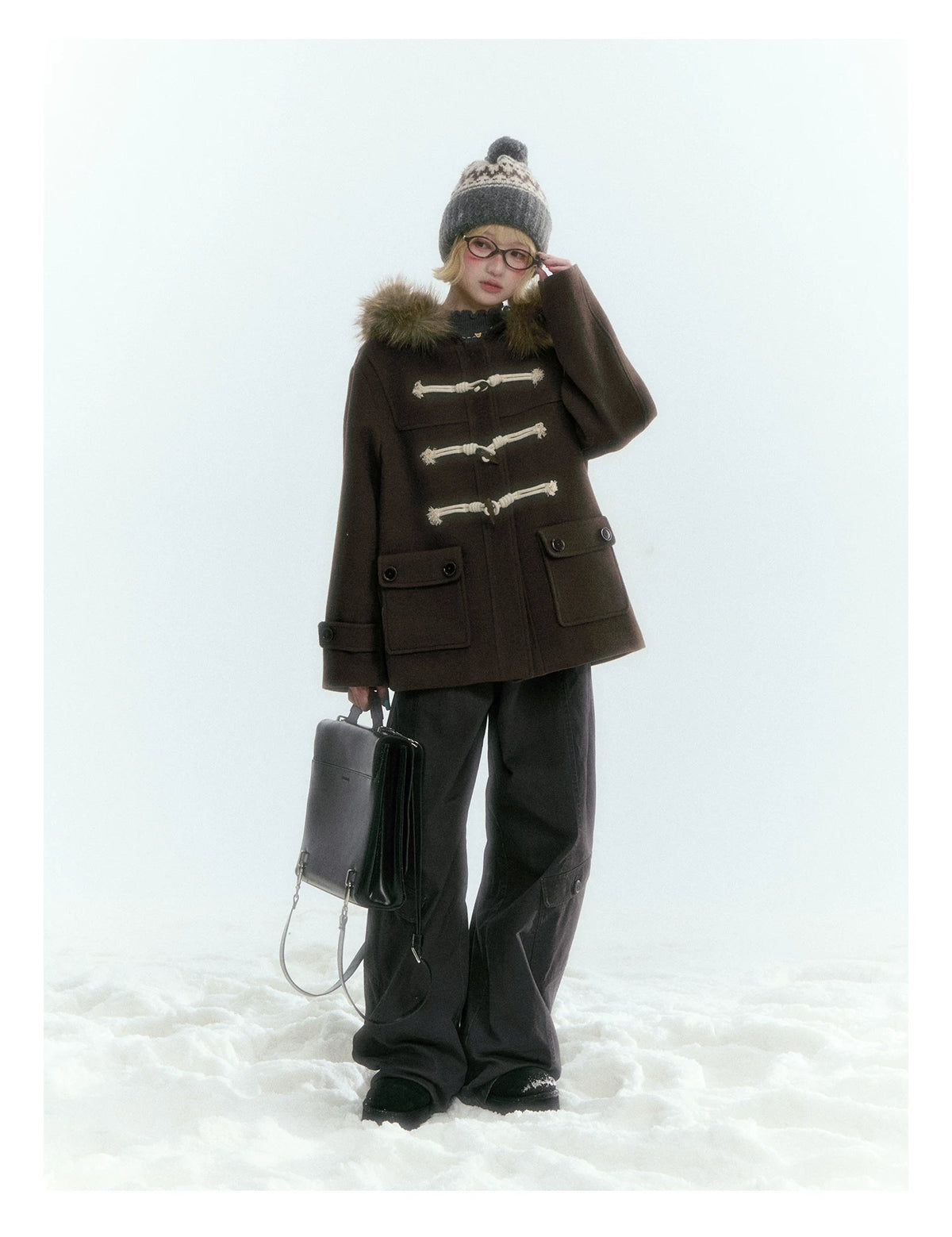 Horridale - Dark Coffee Brown Cropped Hooded Toggle Coat with Detachable Faux Fur Collar