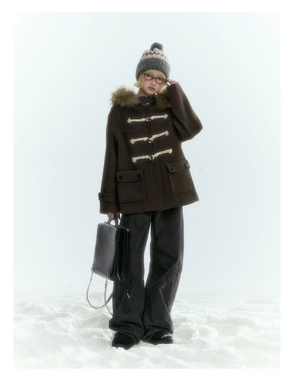 Horridale - Dark Coffee Brown Cropped Hooded Toggle Coat with Detachable Faux Fur Collar