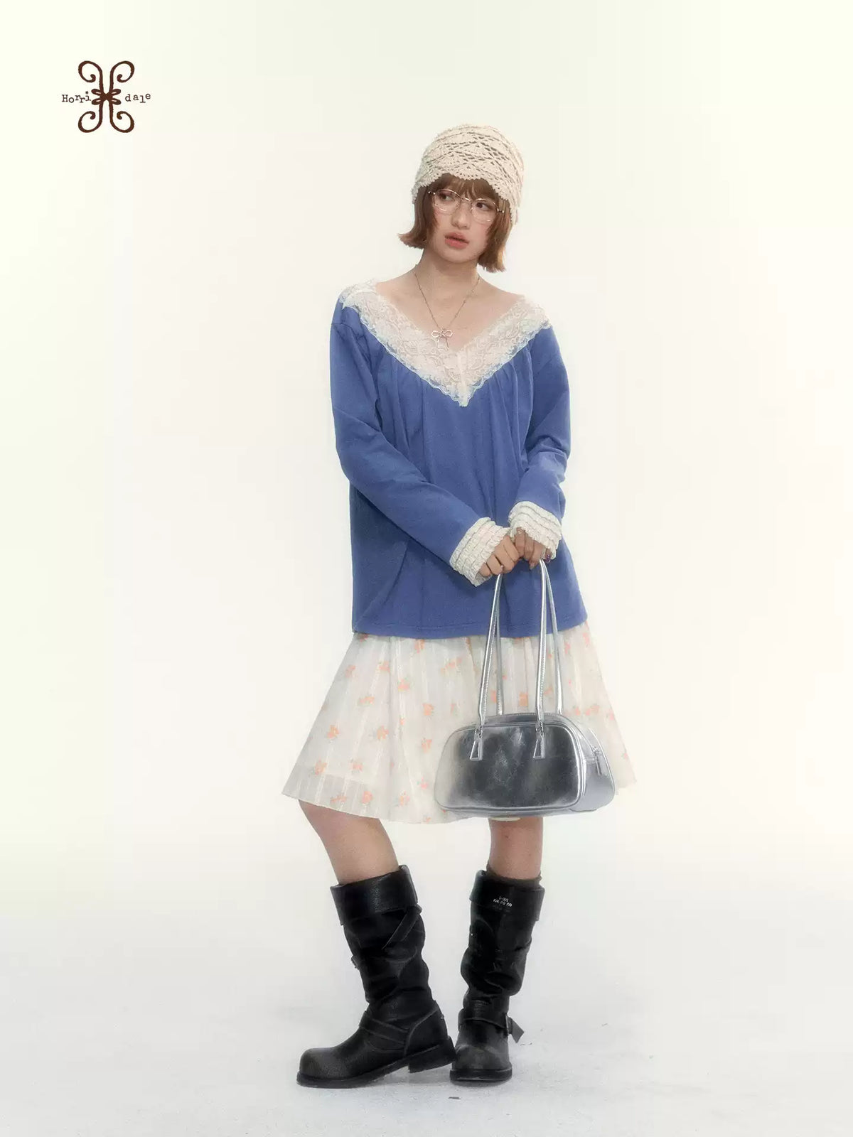 Classic Blue Lace V-Neck Long-Sleeve Top