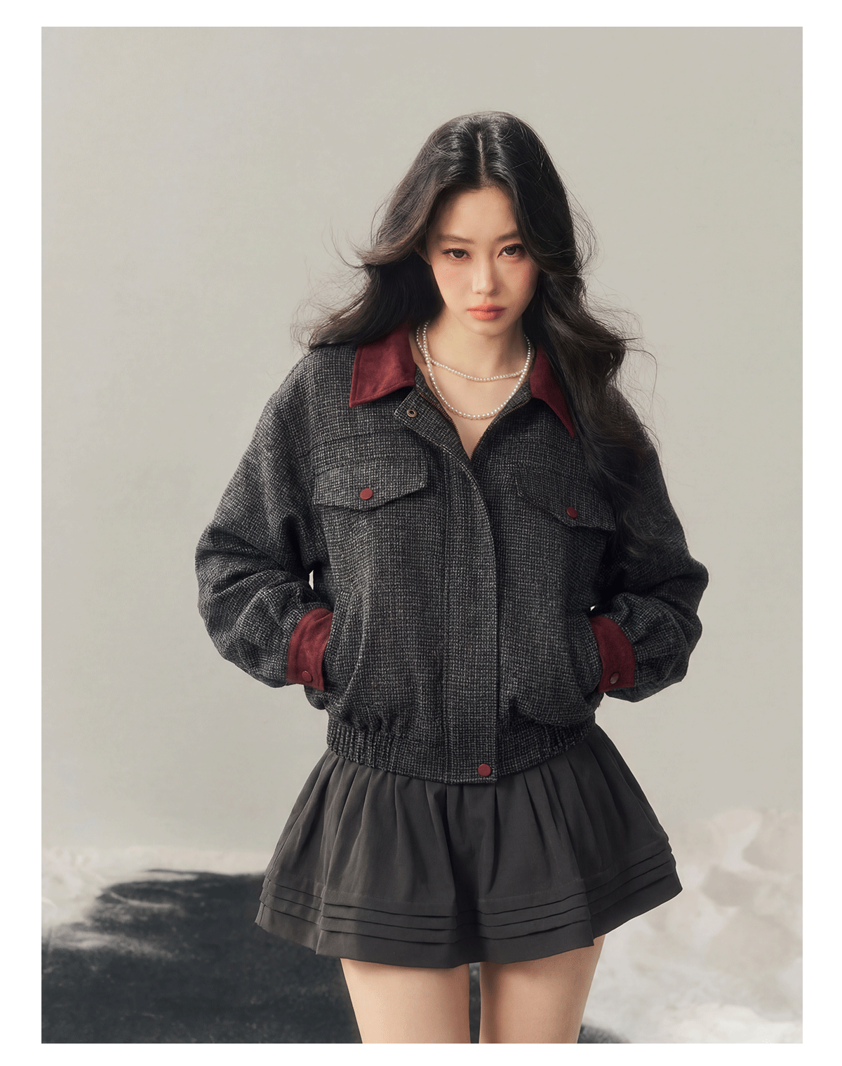少也眼 "Falling Wutong Leaves" Hepburn Wool Tweed Two-Piece Set - Gray