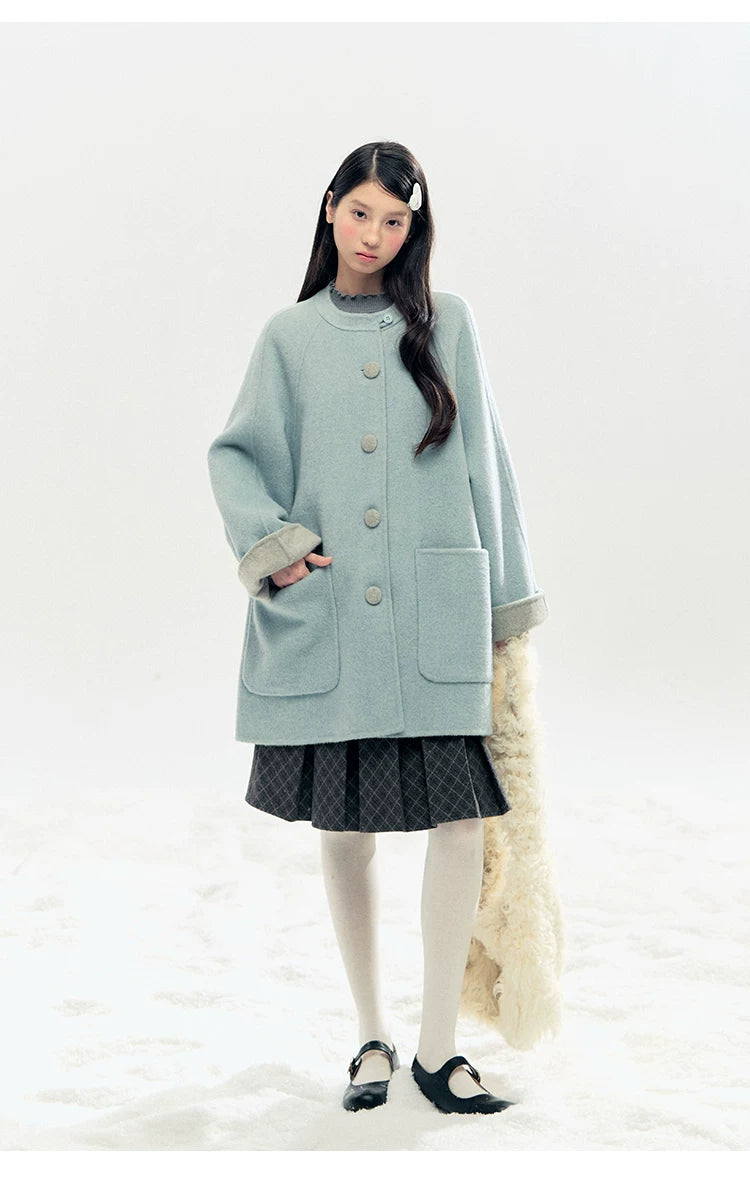 "Double Winter Embrace" Blue & Gray Reversible Wool-Blend Cape Coat