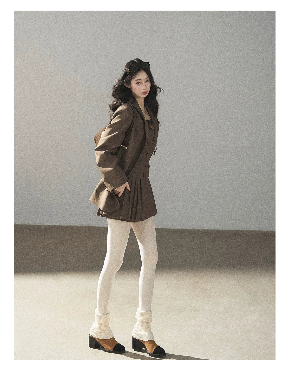 AOMALM - “Evening Breeze in the Valley” Chestnut Brown Blazer, Cami & Pleated Skort Set