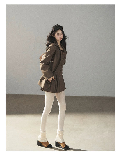 AOMALM - “Evening Breeze in the Valley” Chestnut Brown Blazer, Cami & Pleated Skort Set