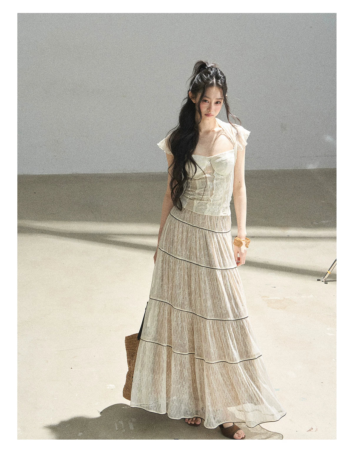 "Mist Through the Woods" Creamy Apricot White Lace Maxi A-Line Skirt
