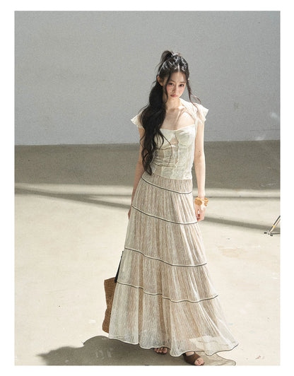 "Mist Through the Woods" Creamy Apricot White Lace Maxi A-Line Skirt