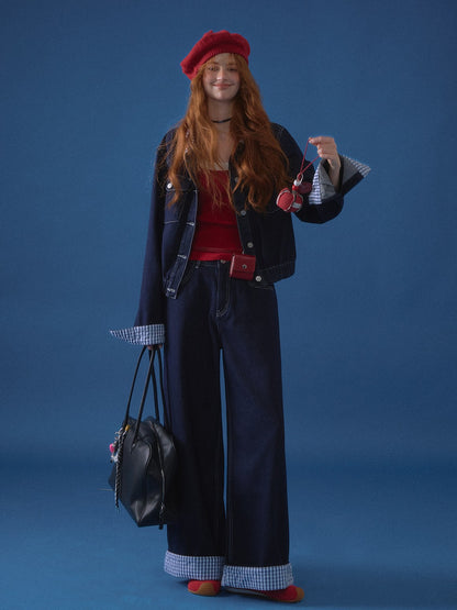 ASGONY - Patchwork Denim Jacket & Wide-Leg Jeans Set